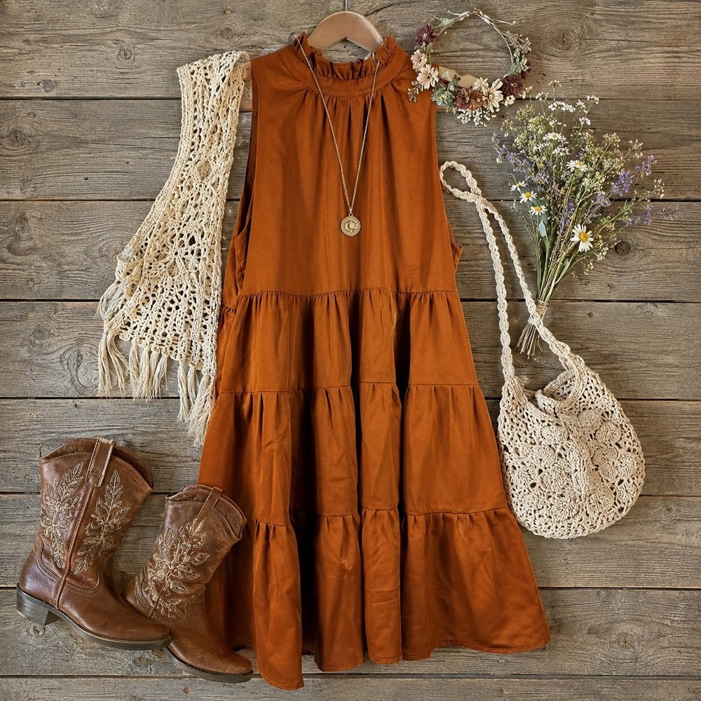 TCEC Tiered Mini Dress L Rust Brown Mock Neck Babydoll Ruffle Lined